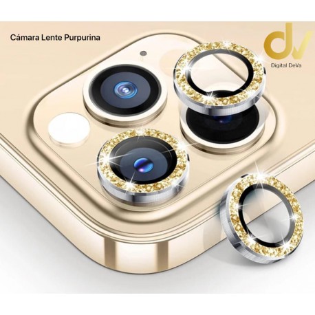 iPhone 15 Pro Max Cristal Lente Purpurina Dorado