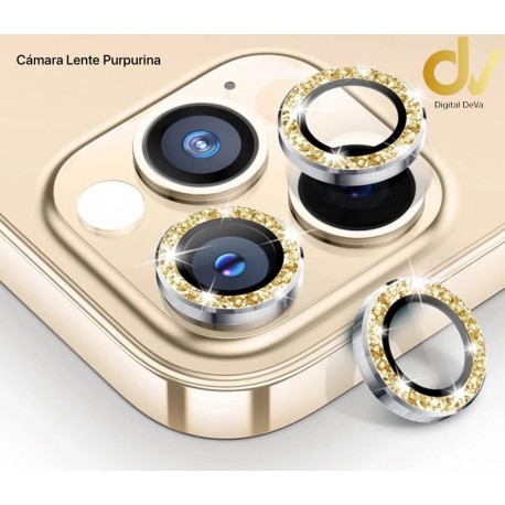 iPhone 15 Cristal Lente Purpurina Dorado