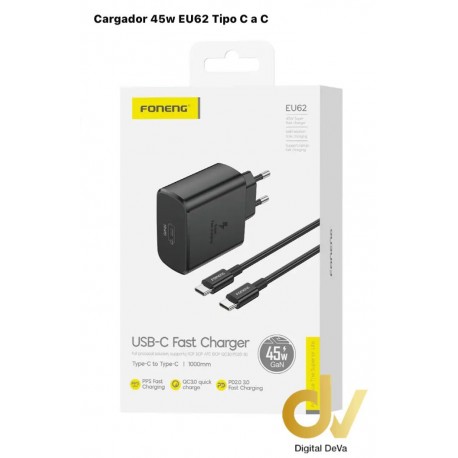 Cargador 45W Tipo C a C EU62 NEGRO