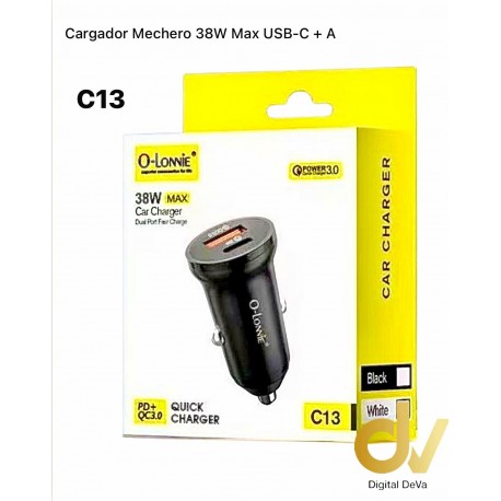Cargador Mechero C13 38W  USB-C + A