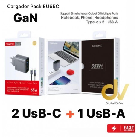 Cargador 65W GaN USB-C a Usb-C x 2 + A  EU65C  Tranyo